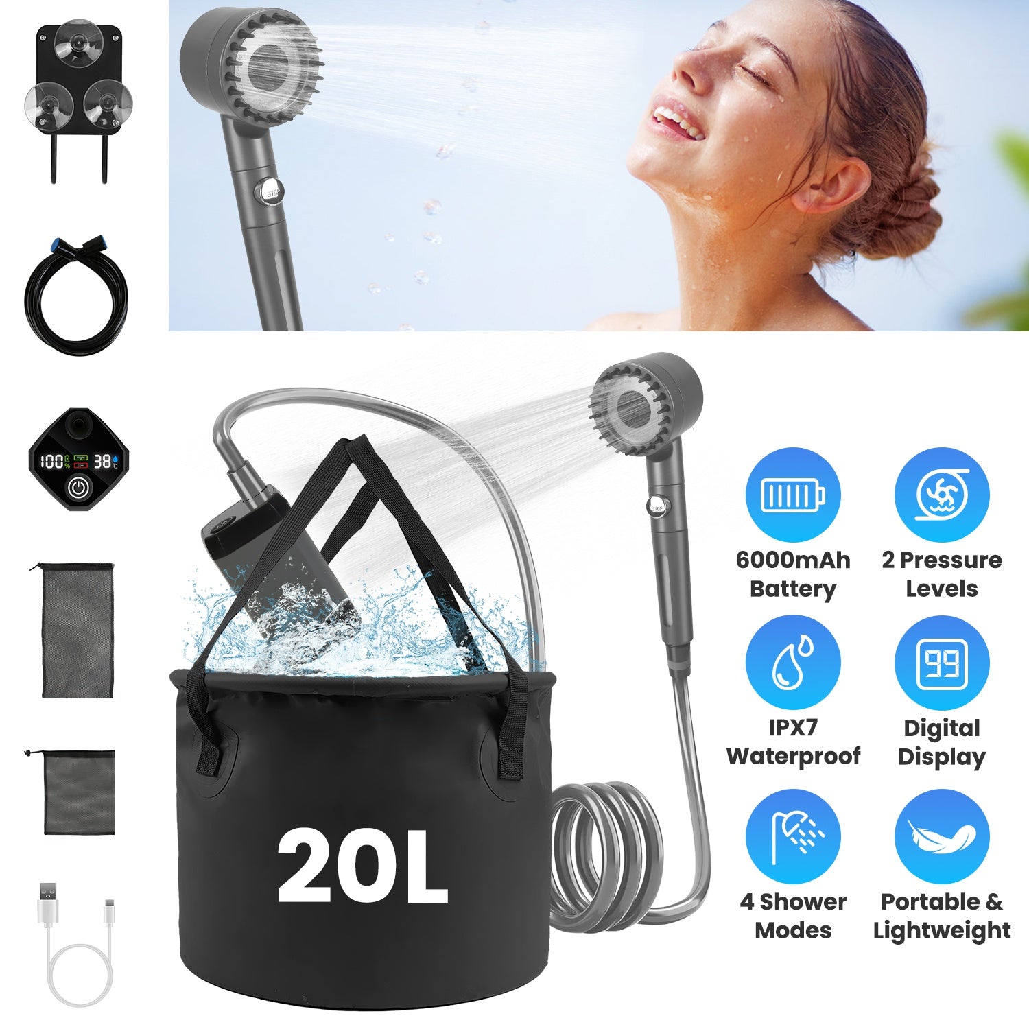 Black rechargeable outdoor shower kit with shower head, hose, and 20L bucket