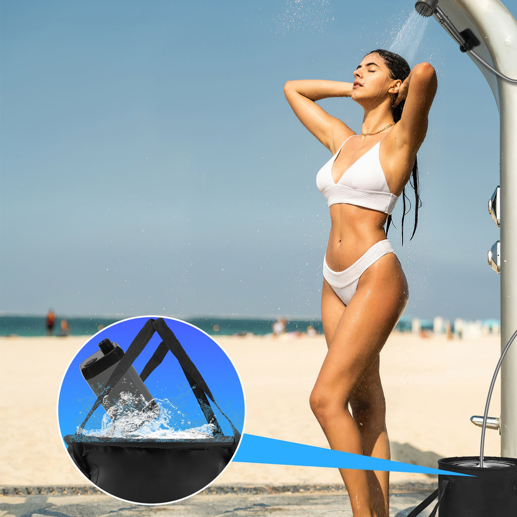 Outdoor shower kit shower head and hose spraying water from a portable bucket