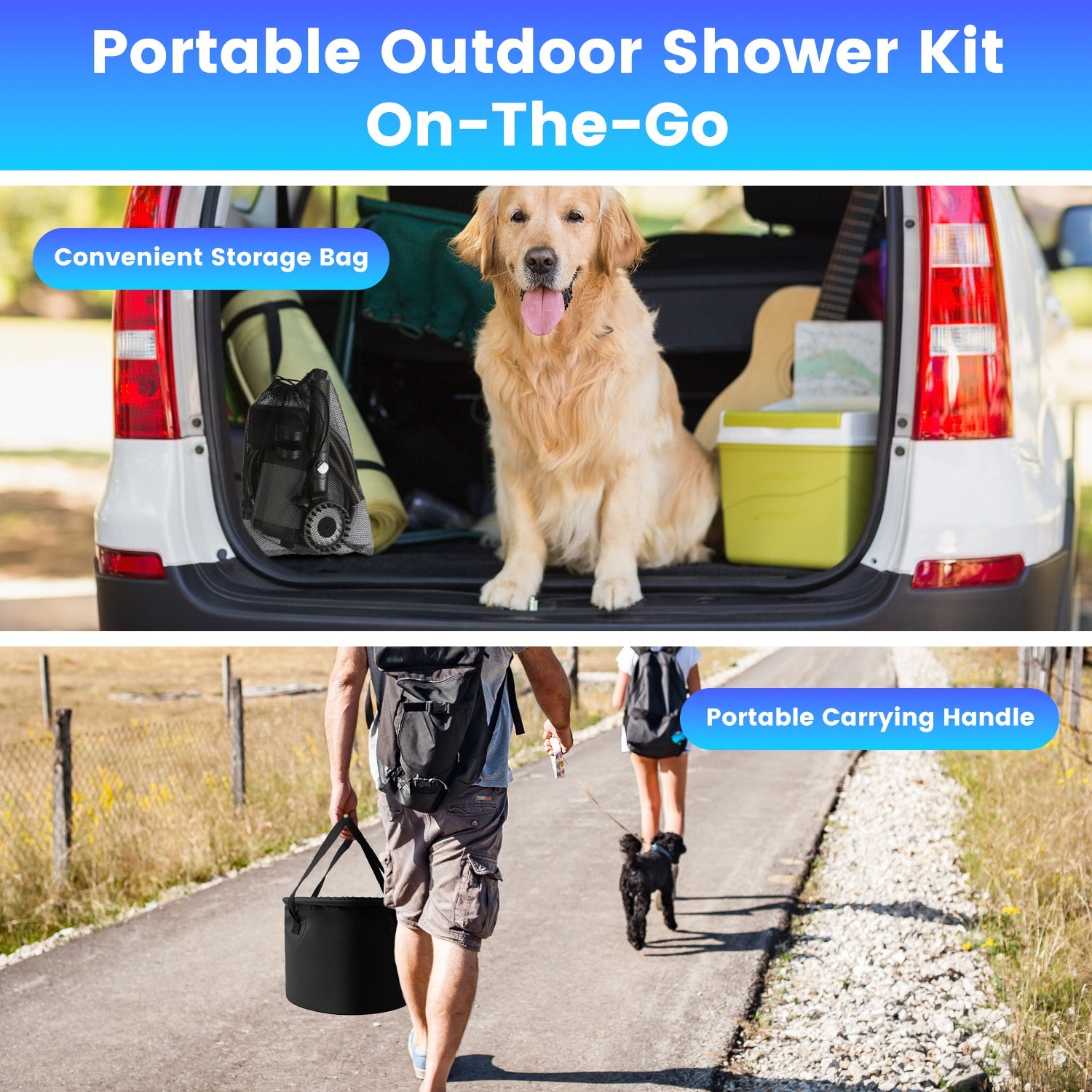 Portable outdoor shower kit with convenient storage bag and carrying handle