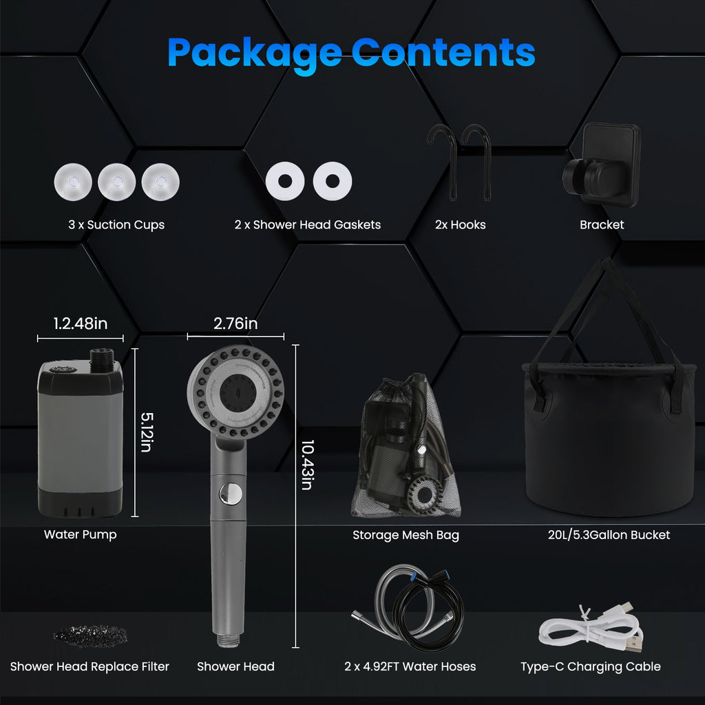 Outdoor shower kit parts set: pump, shower head, hoses, suction cups, bucket, cable