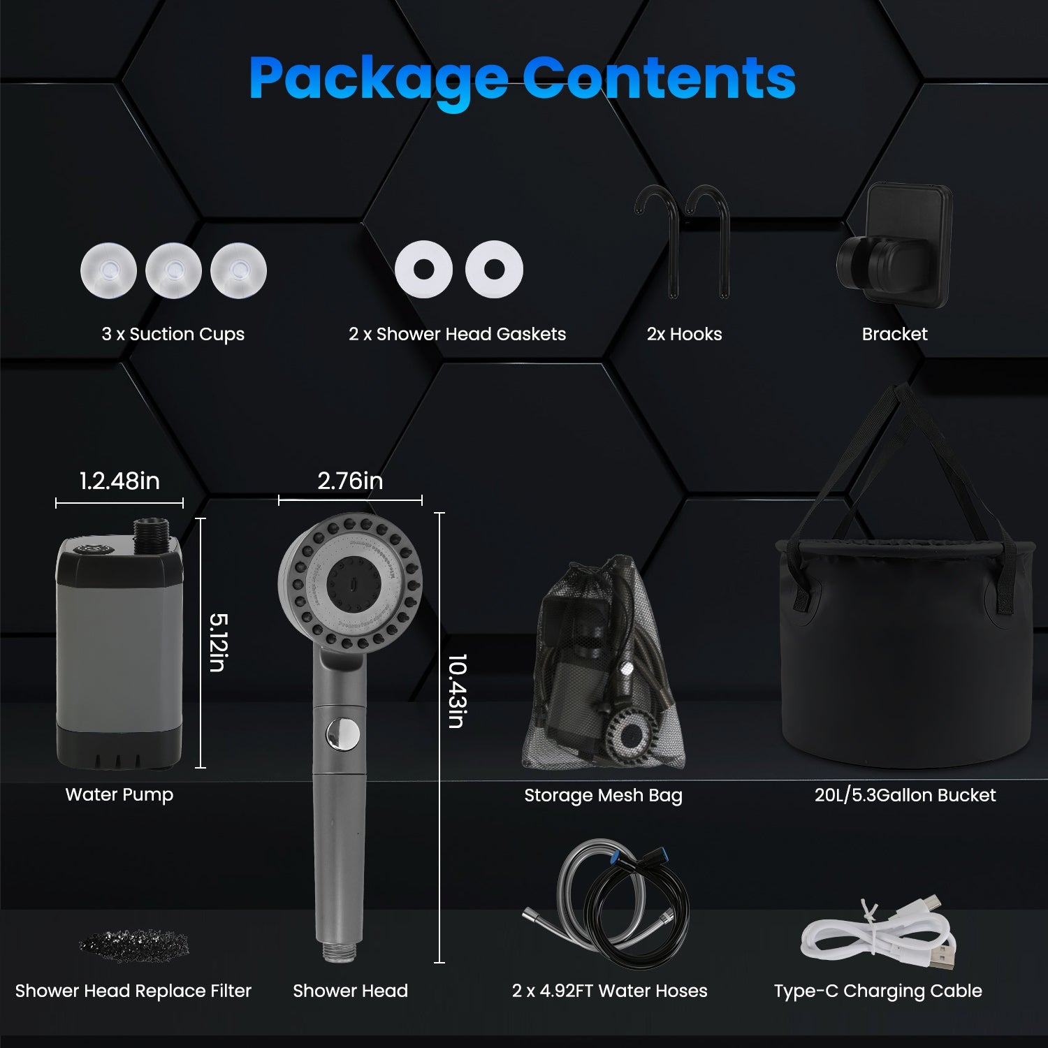 Outdoor shower kit parts set: pump, shower head, hoses, suction cups, bucket, cable