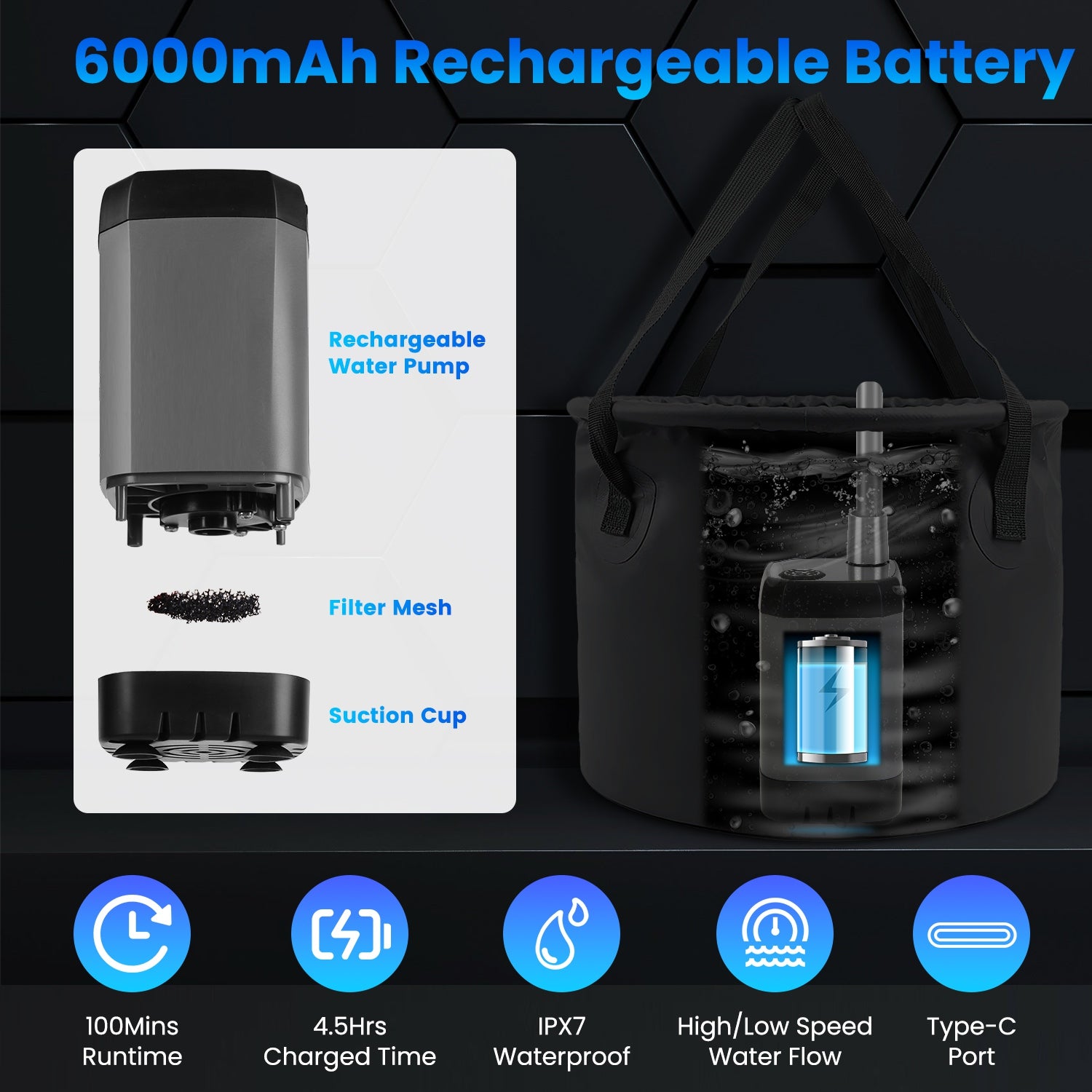 6000mAh rechargeable water pump with filter mesh, suction cup, and Type-C charging