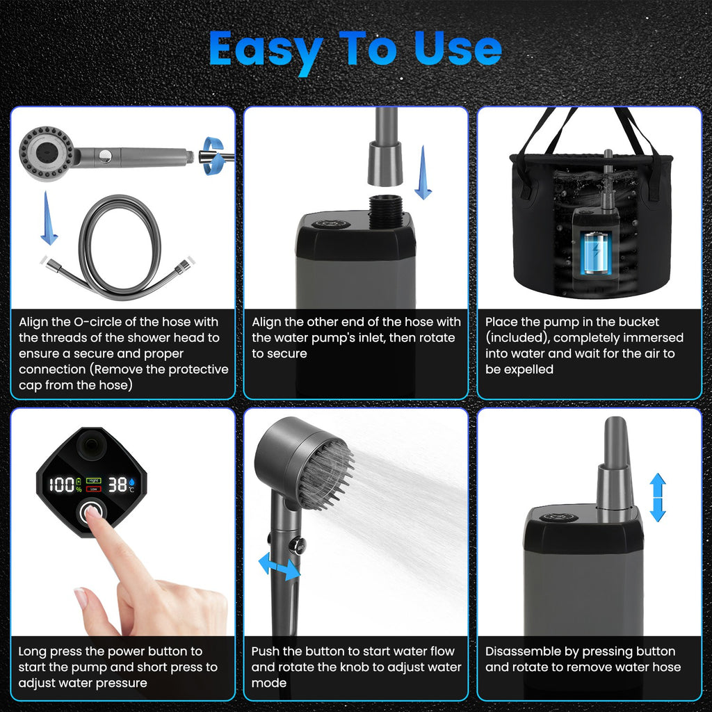 Outdoor shower kit with hose connections and pump buttons for starting and adjusting flow