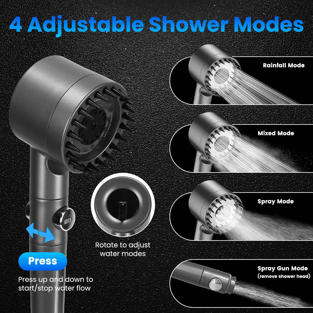 Black filtered shower head with rotating knob for 4 spray modes