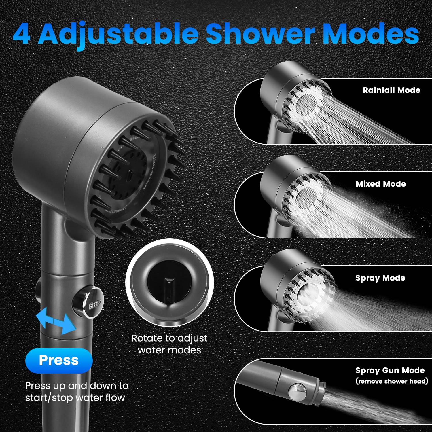 Black filtered shower head with rotating knob for 4 spray modes