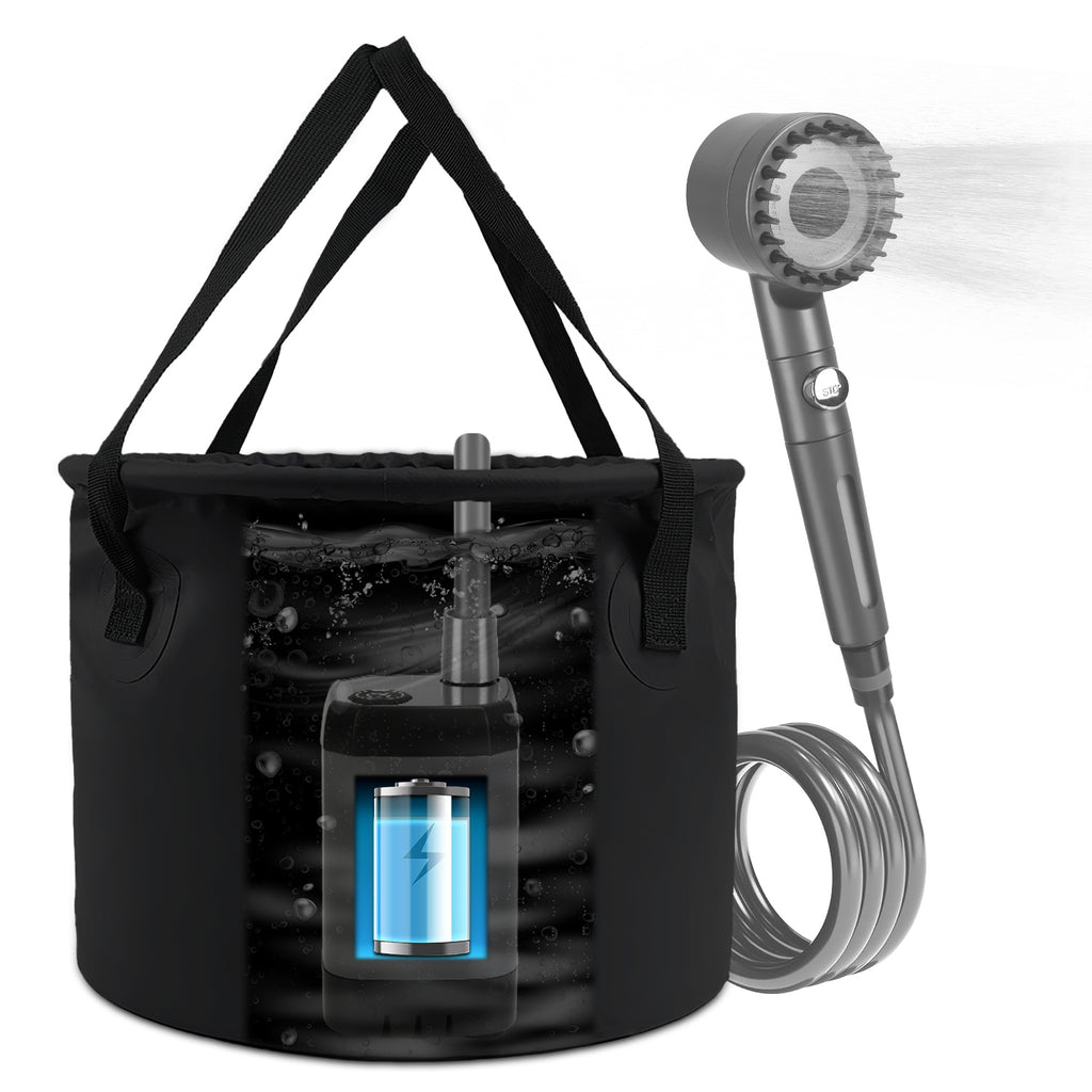 Black portable outdoor shower kit: bucket, pump, shower head, and suction hose