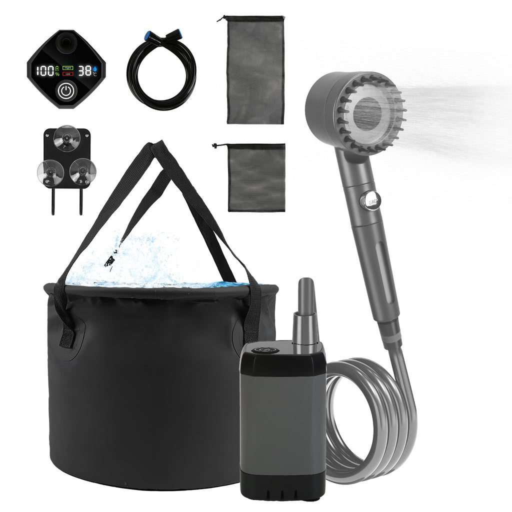 Outdoor shower kit accessories laid out: shower head, pump, hoses, bucket, and storage bags