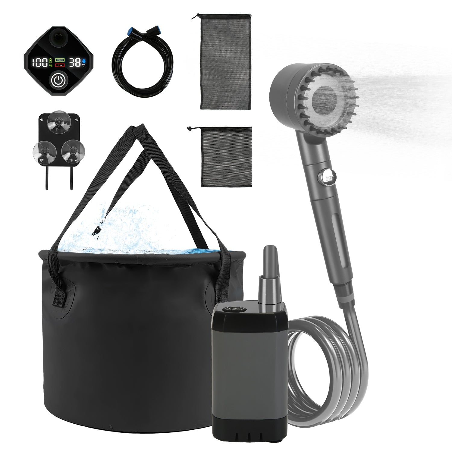 Outdoor shower kit accessories laid out: shower head, pump, hoses, bucket, and storage bags
