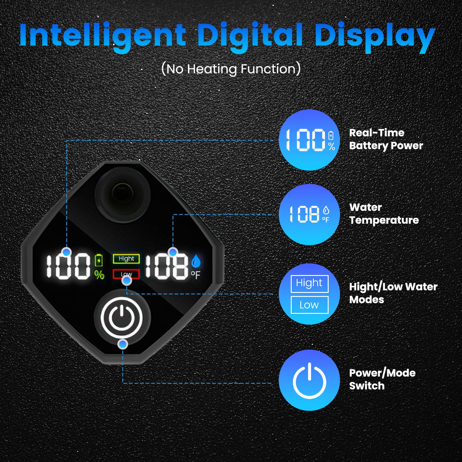 Black shower pump with digital display for battery power and water temperature