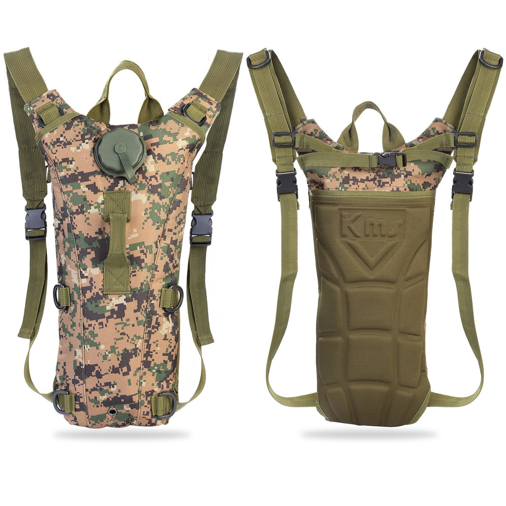 Camouflage hydration backpack with front lid and shoulder straps, paired with olive version