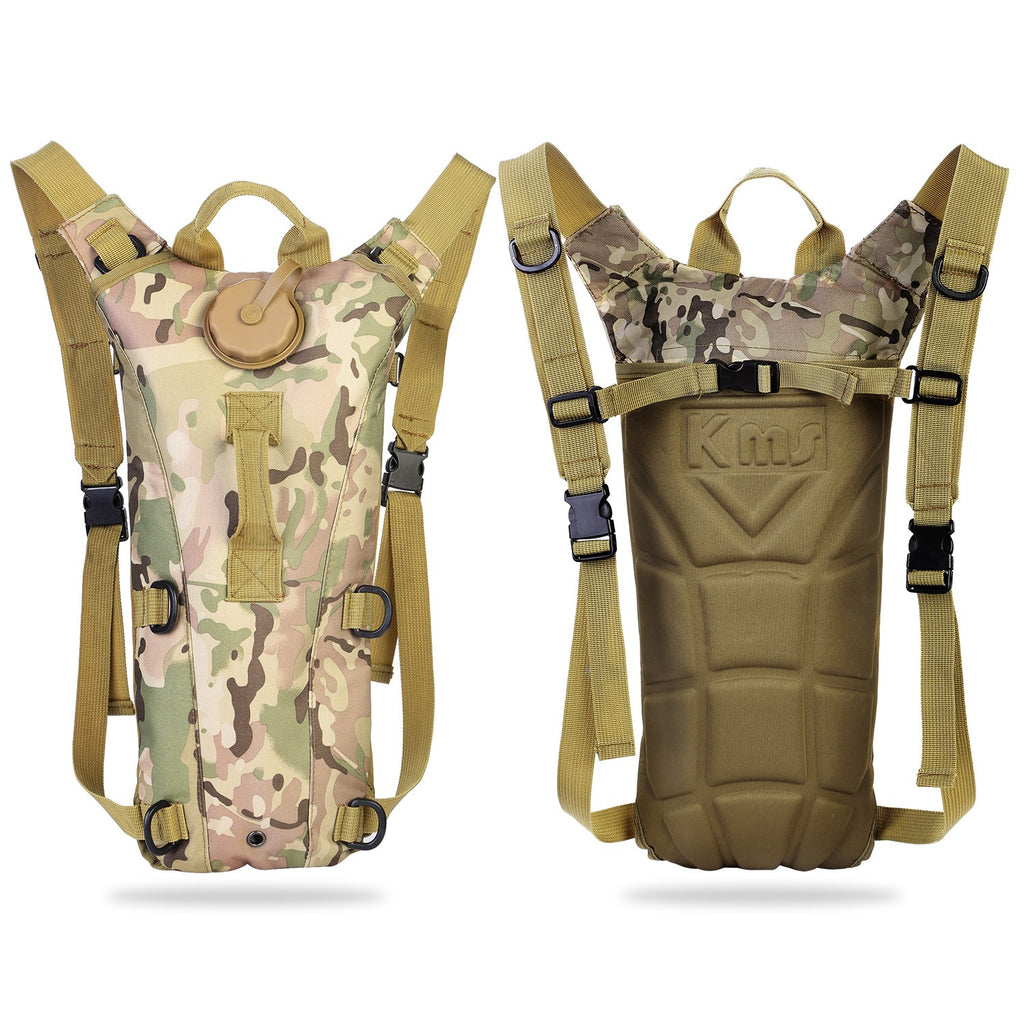 Two hydration backpacks in camo and olive with adjustable shoulder straps and front panel