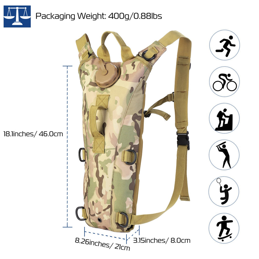 Camo hydration backpack with adjustable straps and side profile size dimensions