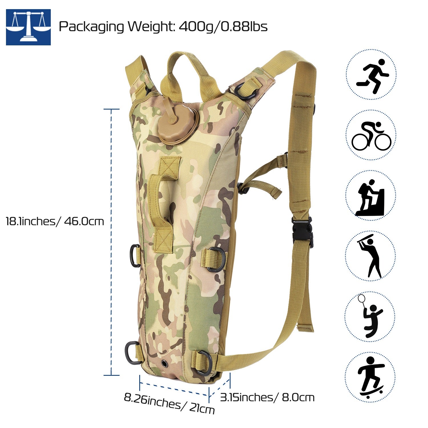 Camo hydration backpack with adjustable straps and side profile size dimensions