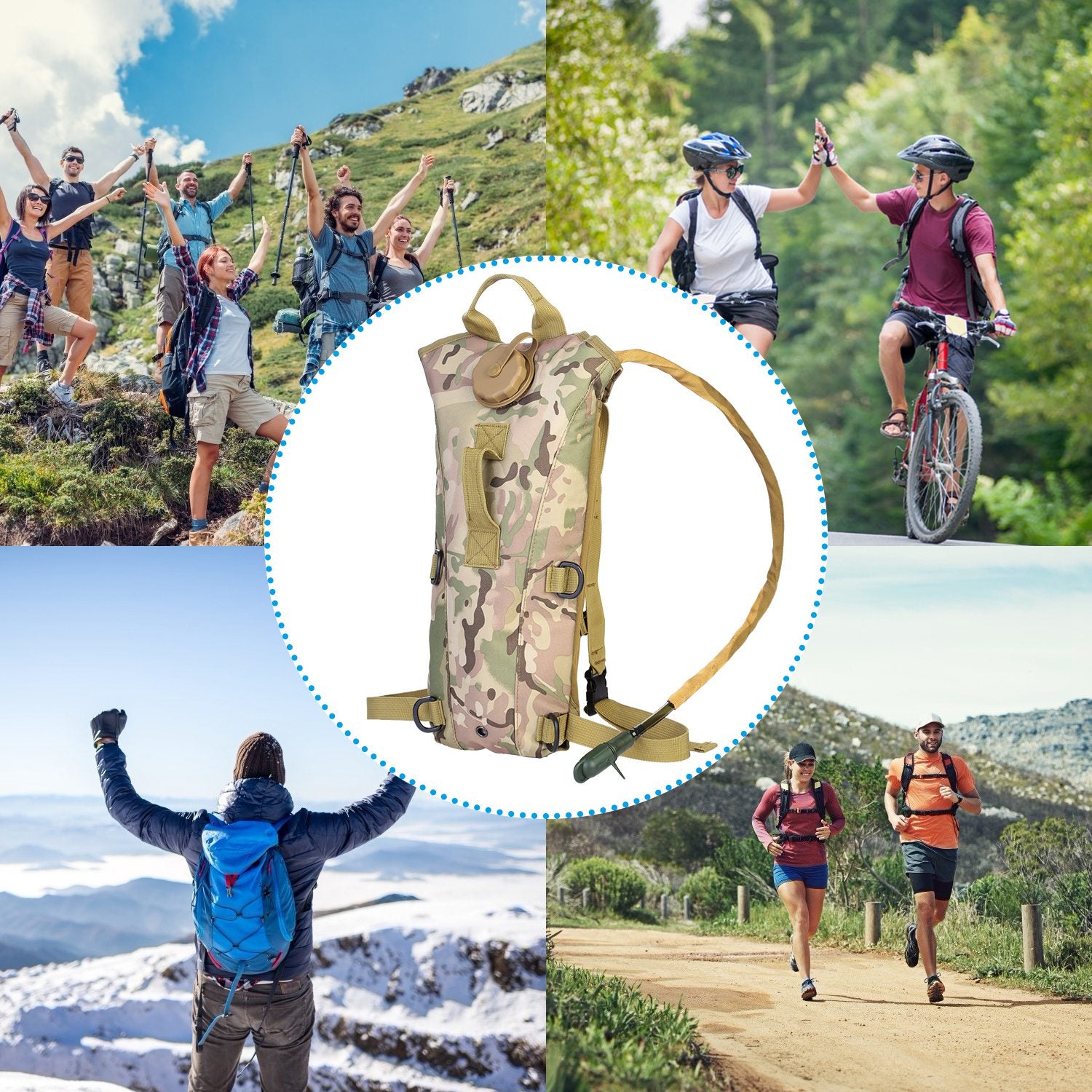 Camo hydration backpack with tan drinking hose and adjustable shoulder straps