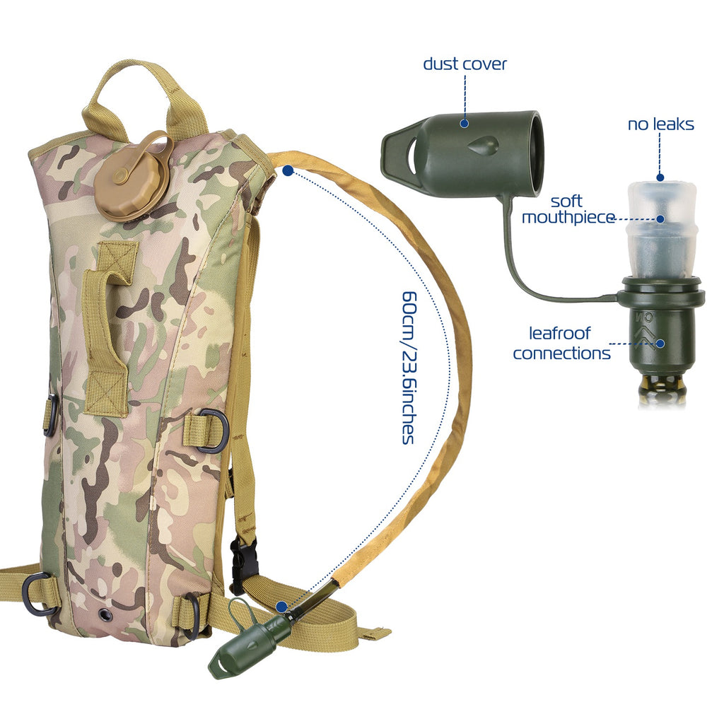 Camouflage hydration backpack with dust cover, drinking hose, and water bladder