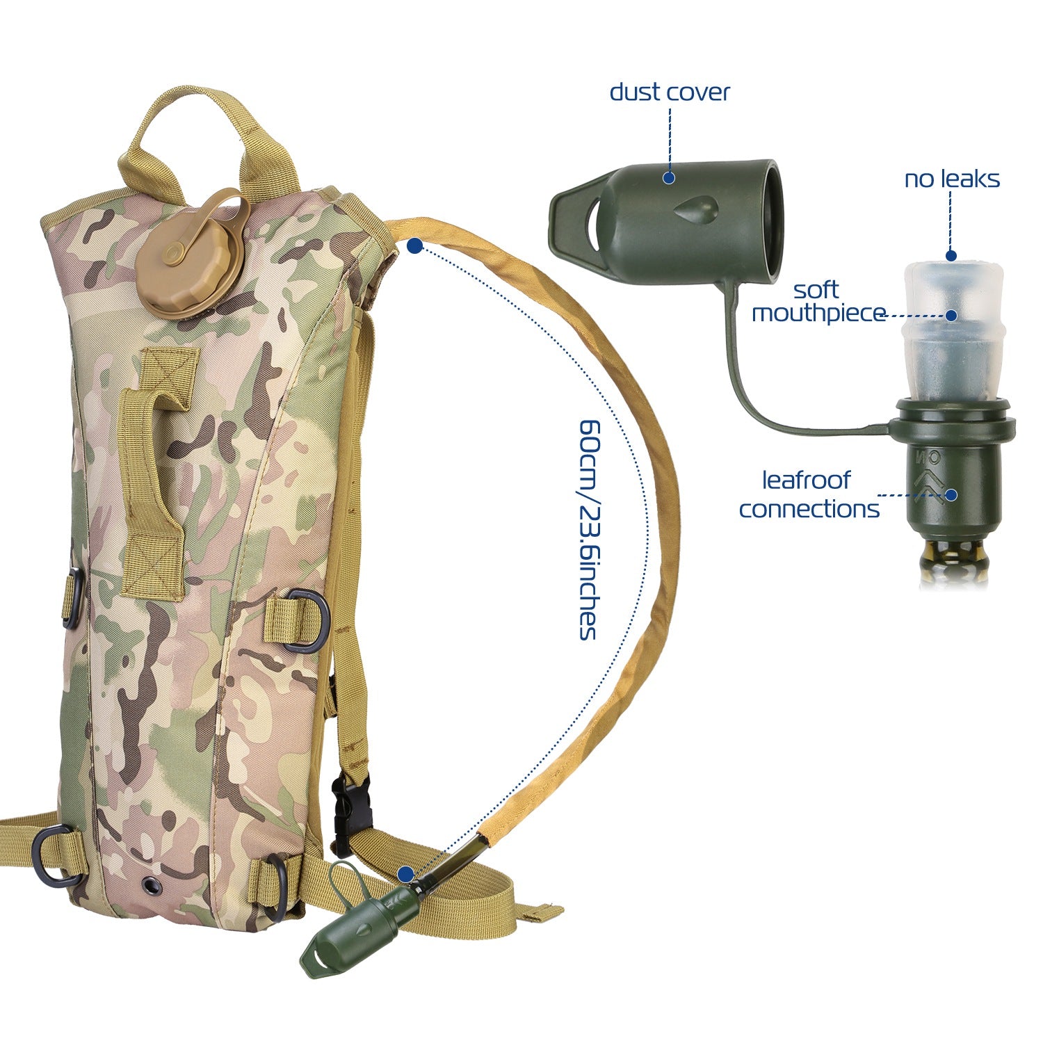 Camouflage hydration backpack with dust cover, drinking hose, and water bladder
