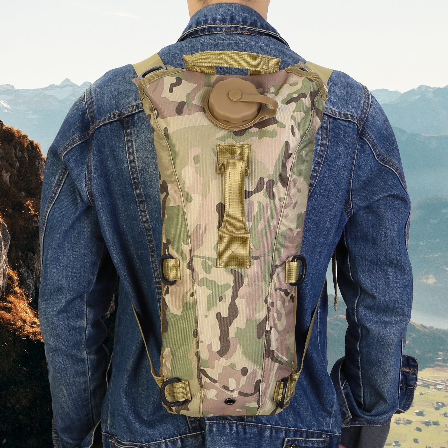 Camo hydration backpack shown from back with adjustable straps and front hose opening