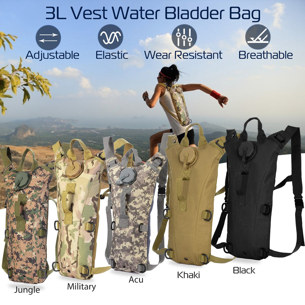 Hydration vest water bladder bags shown in multiple colors, including jungle and black