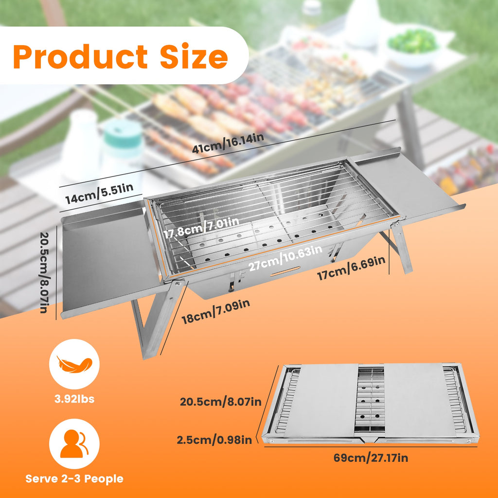 Stainless steel foldable charcoal grill shown with labeled size measurements
