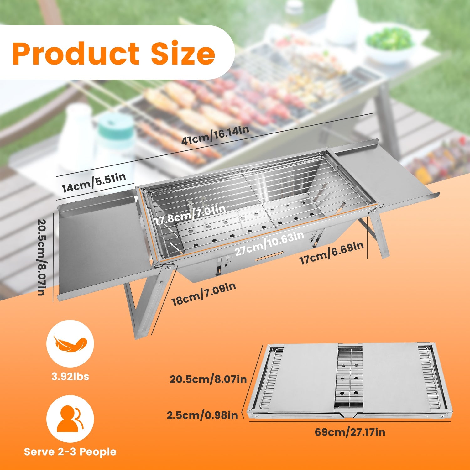 Stainless steel foldable charcoal grill shown with labeled size measurements