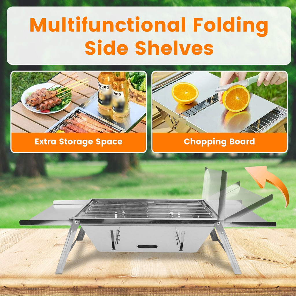 Foldable stainless steel grill with hinged side shelves and grilling grate on frame