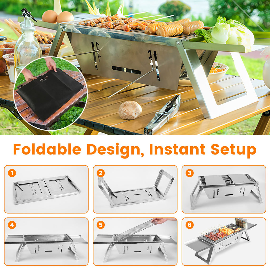 Foldable stainless steel charcoal grill with open cooking box and raised side shelf