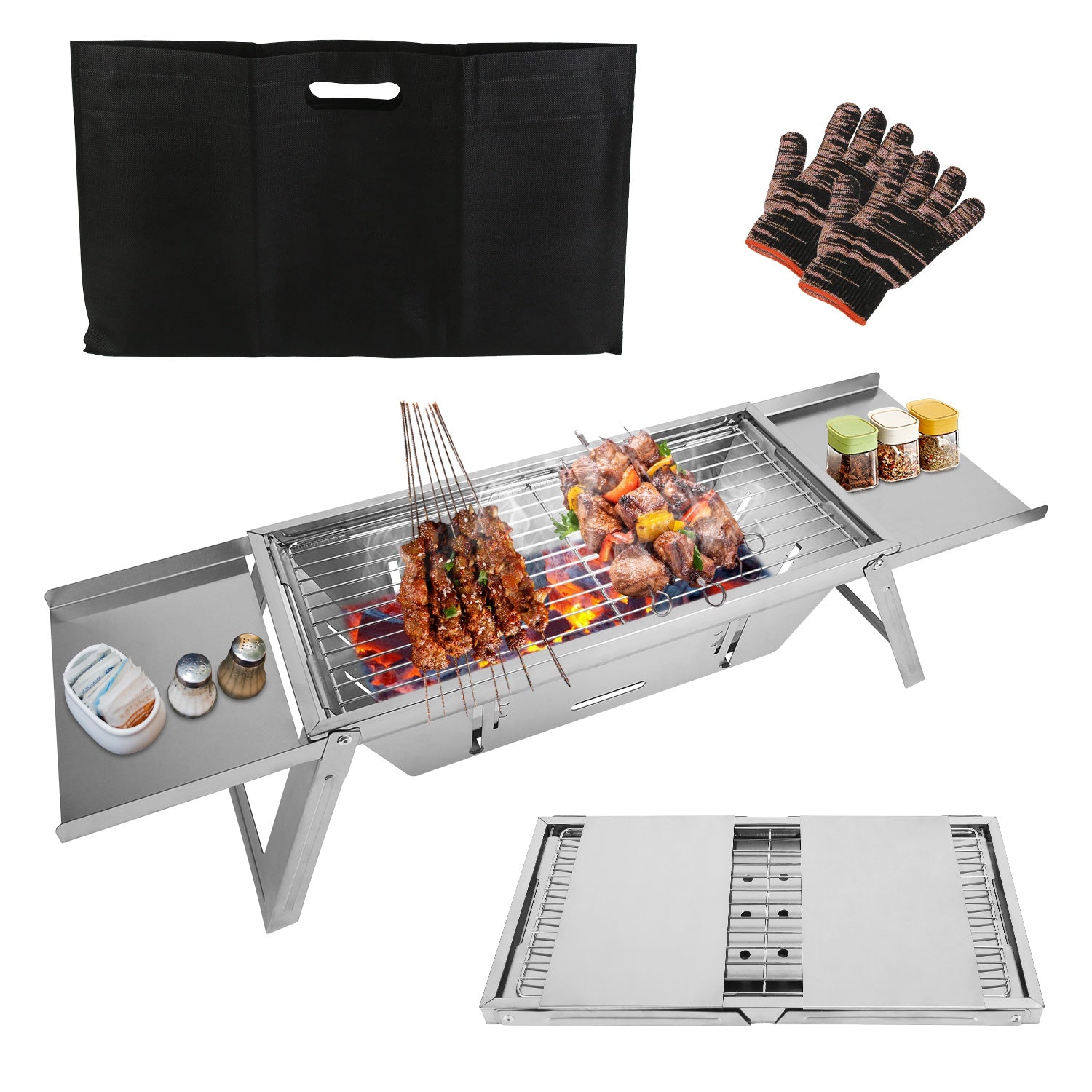 Foldable stainless steel grill with cooking grate, food, and included storage cover