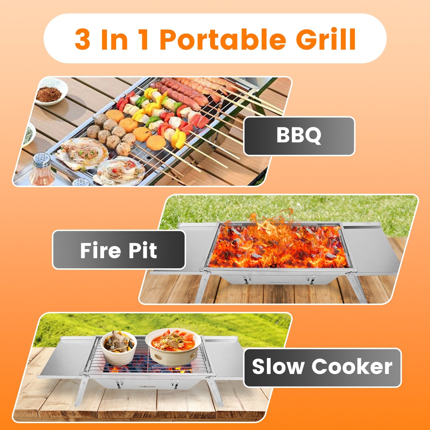 3-in-1 portable charcoal grill with grates and open firebox on folding legs