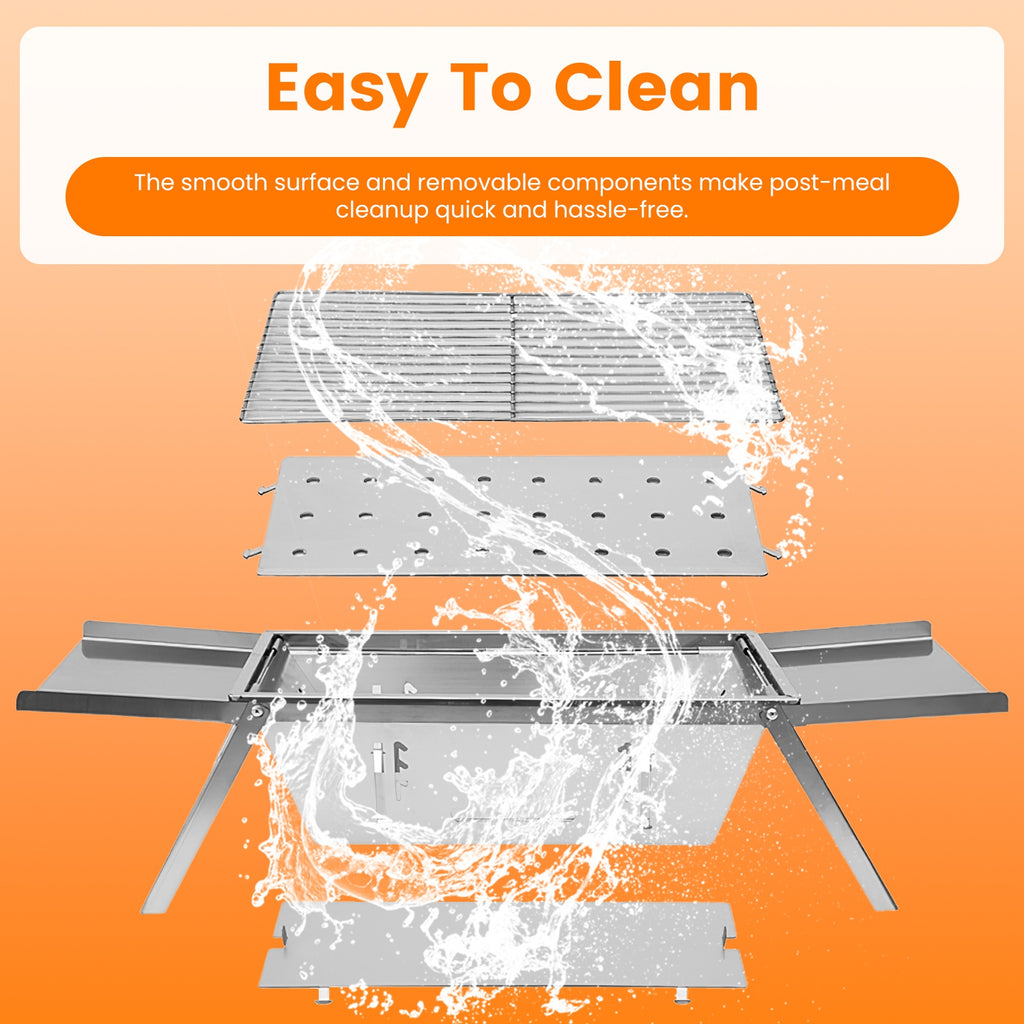 Stainless steel grill firebox with removable tray and vented grate for easy cleaning