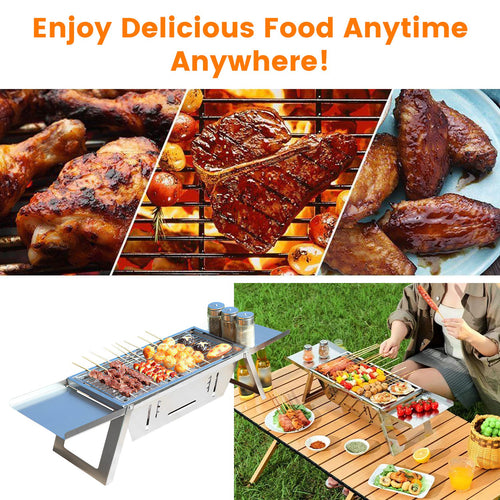 Foldable stainless steel charcoal grill with stacked cooking grates and food
