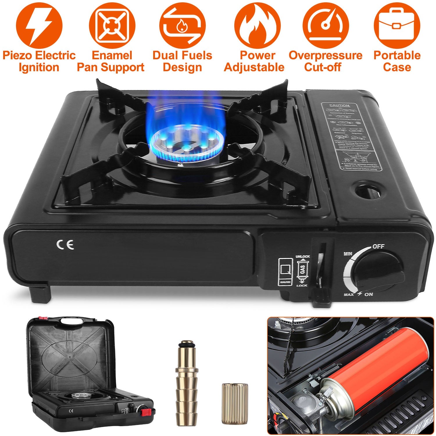 Black dual-fuel camp stove with dual controls and piezo ignition, open burner grate