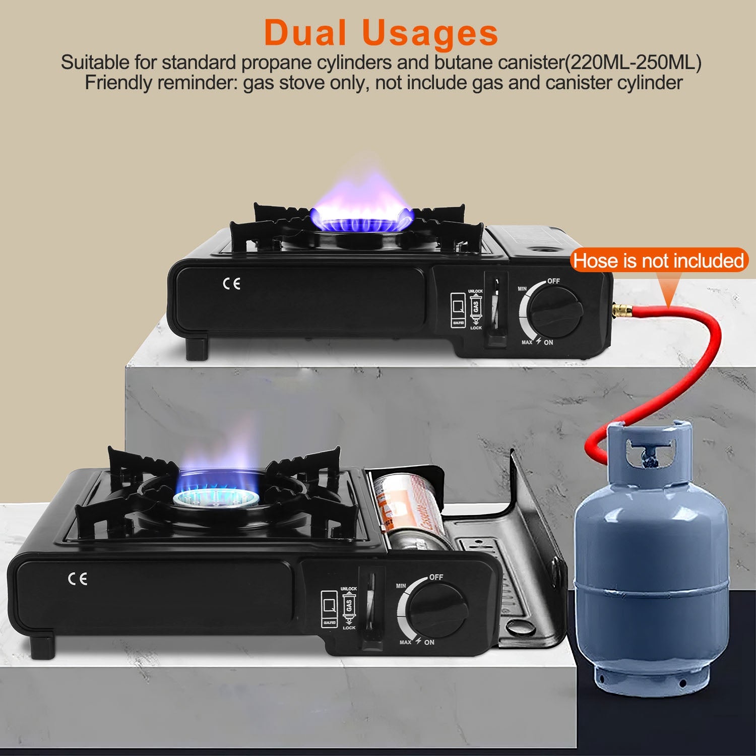 Black camp stove shown with propane canister and control knobs