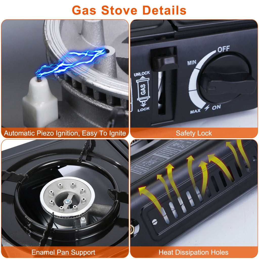 Camp stove control with safety lock knob and burner igniter, enamel pan support