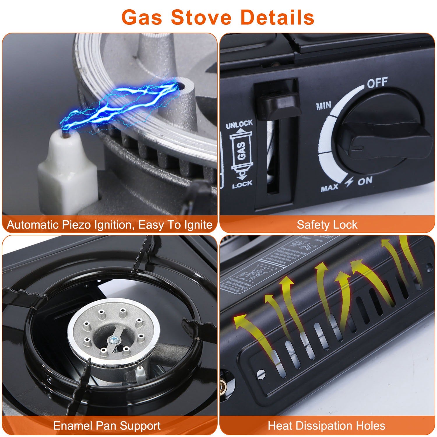 Camp stove control with safety lock knob and burner igniter, enamel pan support