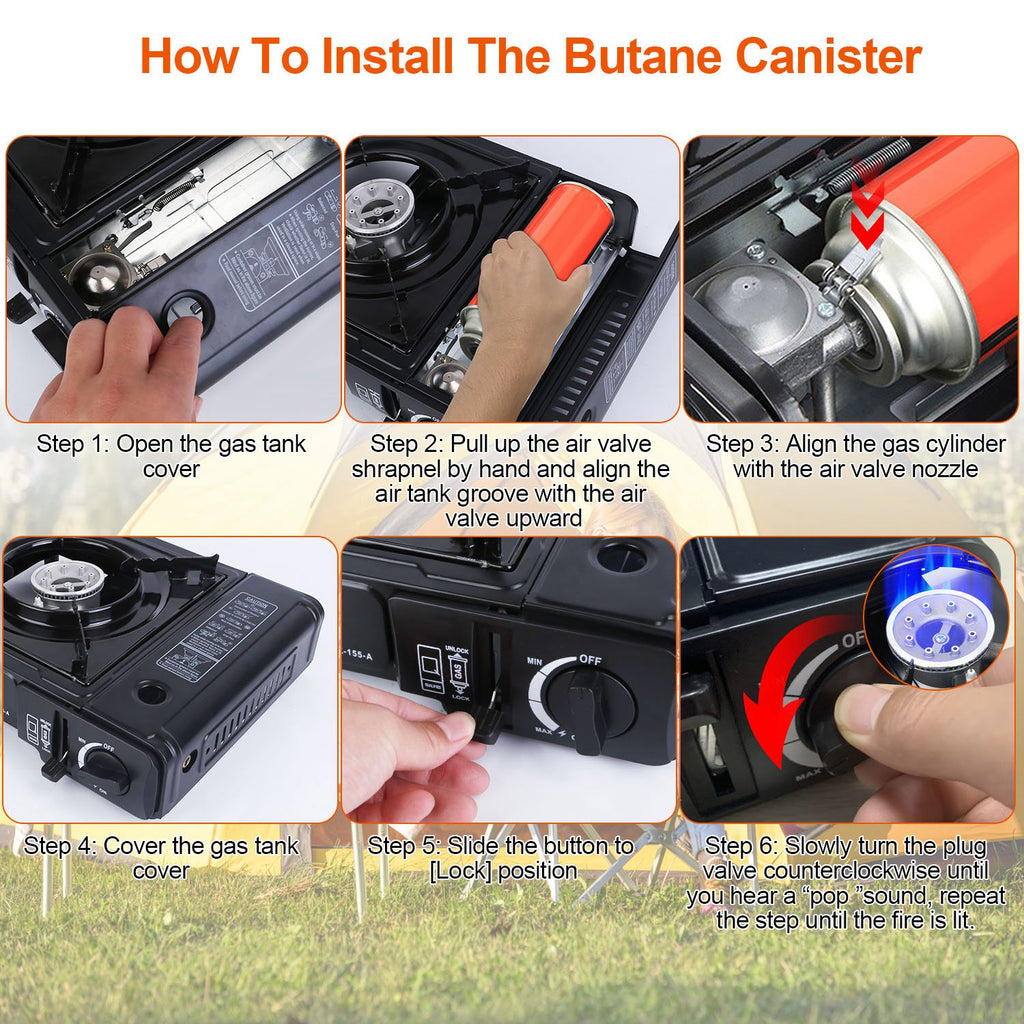 Black gas stove with air valve nozzle and gas tank cover connection points
