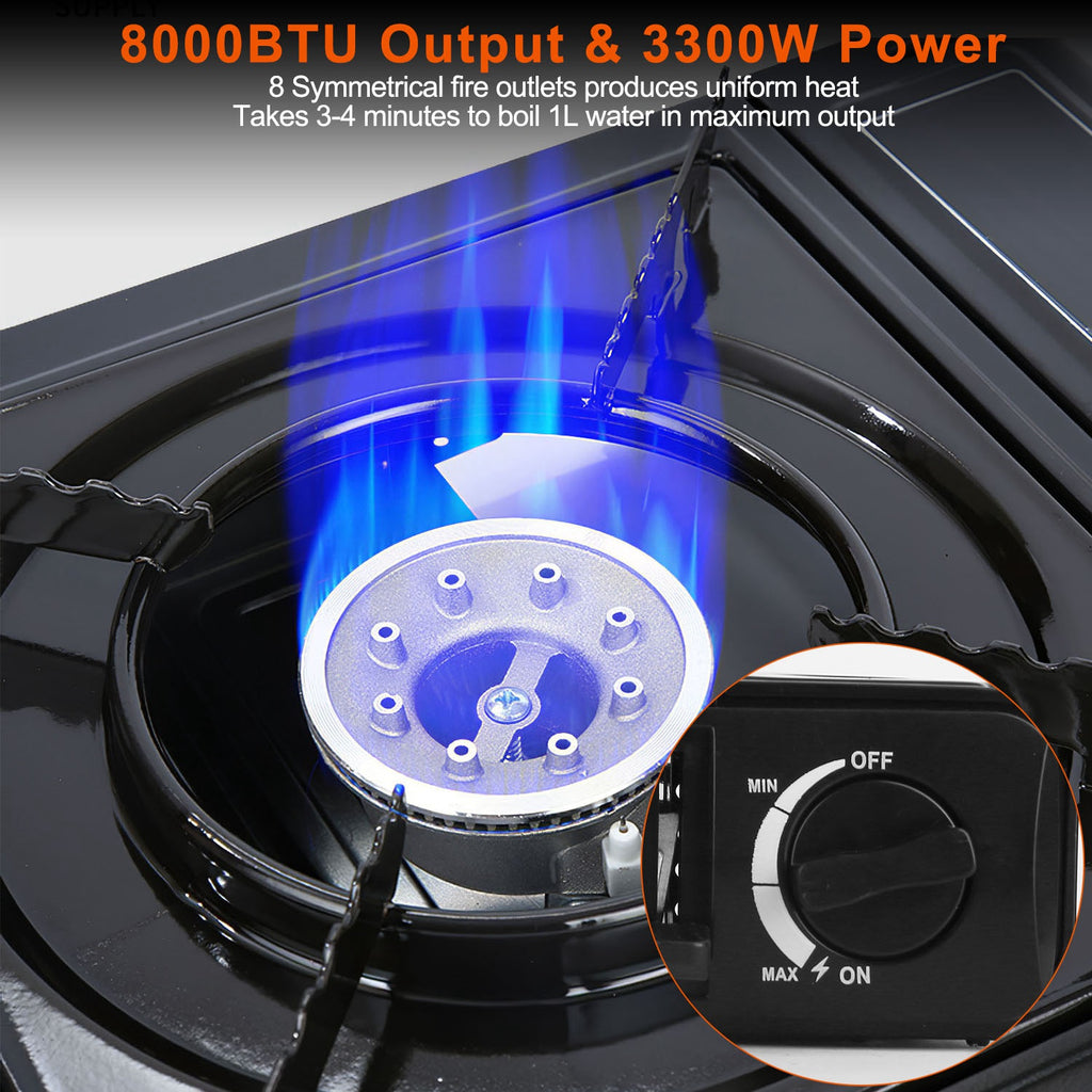 Camp stove burner with blue flame and circular burner head near control knob