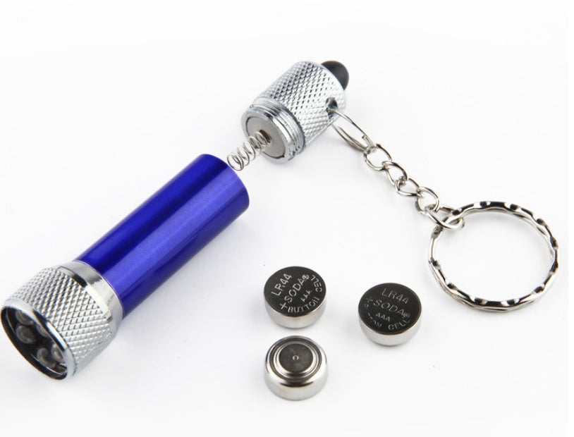 Blue mini aluminum LED keychain flashlight with silver head, chain keyring, spare batteries
