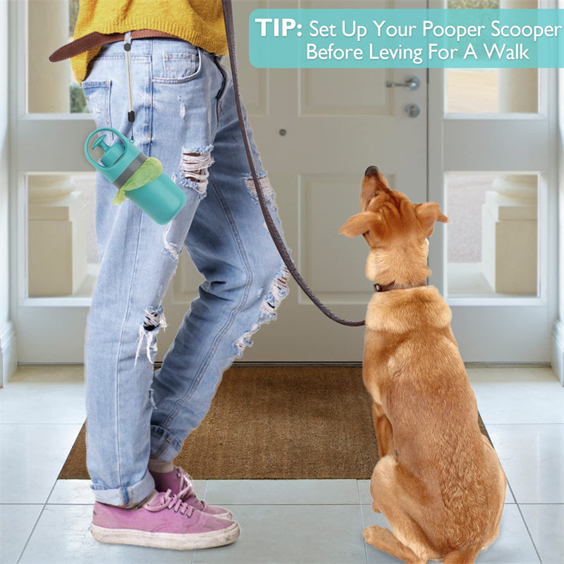 Dog poop scooper kit clipped to a person’s belt, with bag dispenser and leash