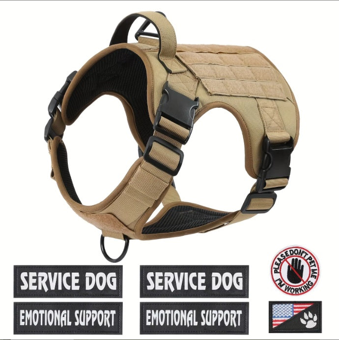 Tan tactical dog harness vest with padded handle and adjustable chest buckles