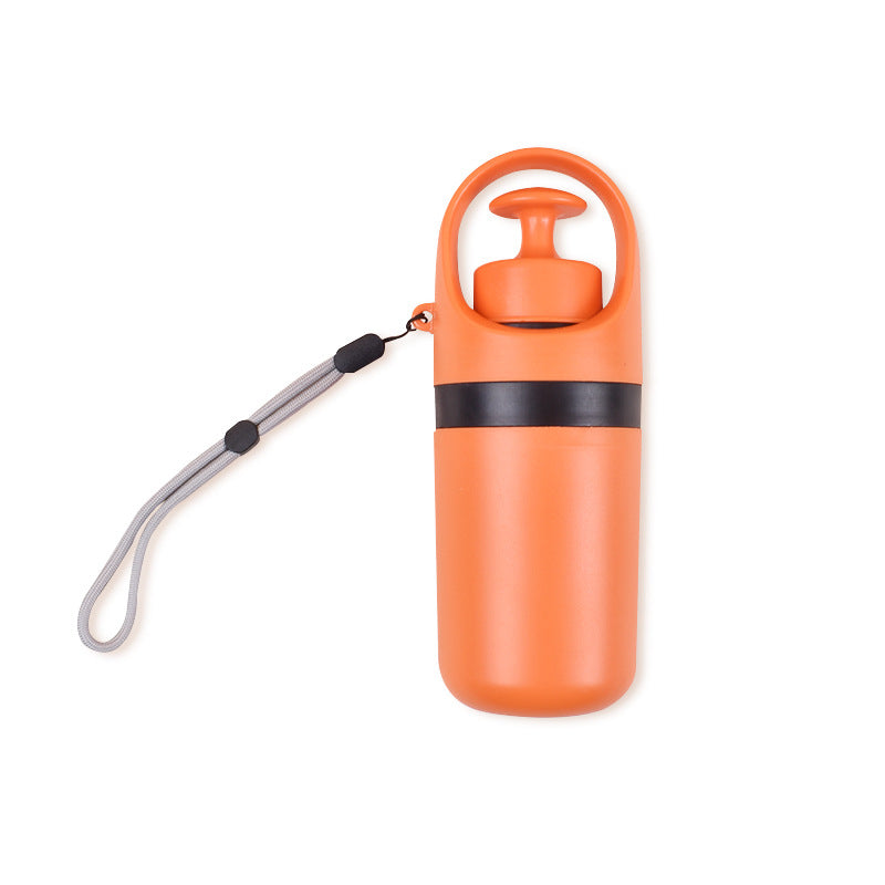 Orange dog poop bag dispenser with carry handle and attached leash strap