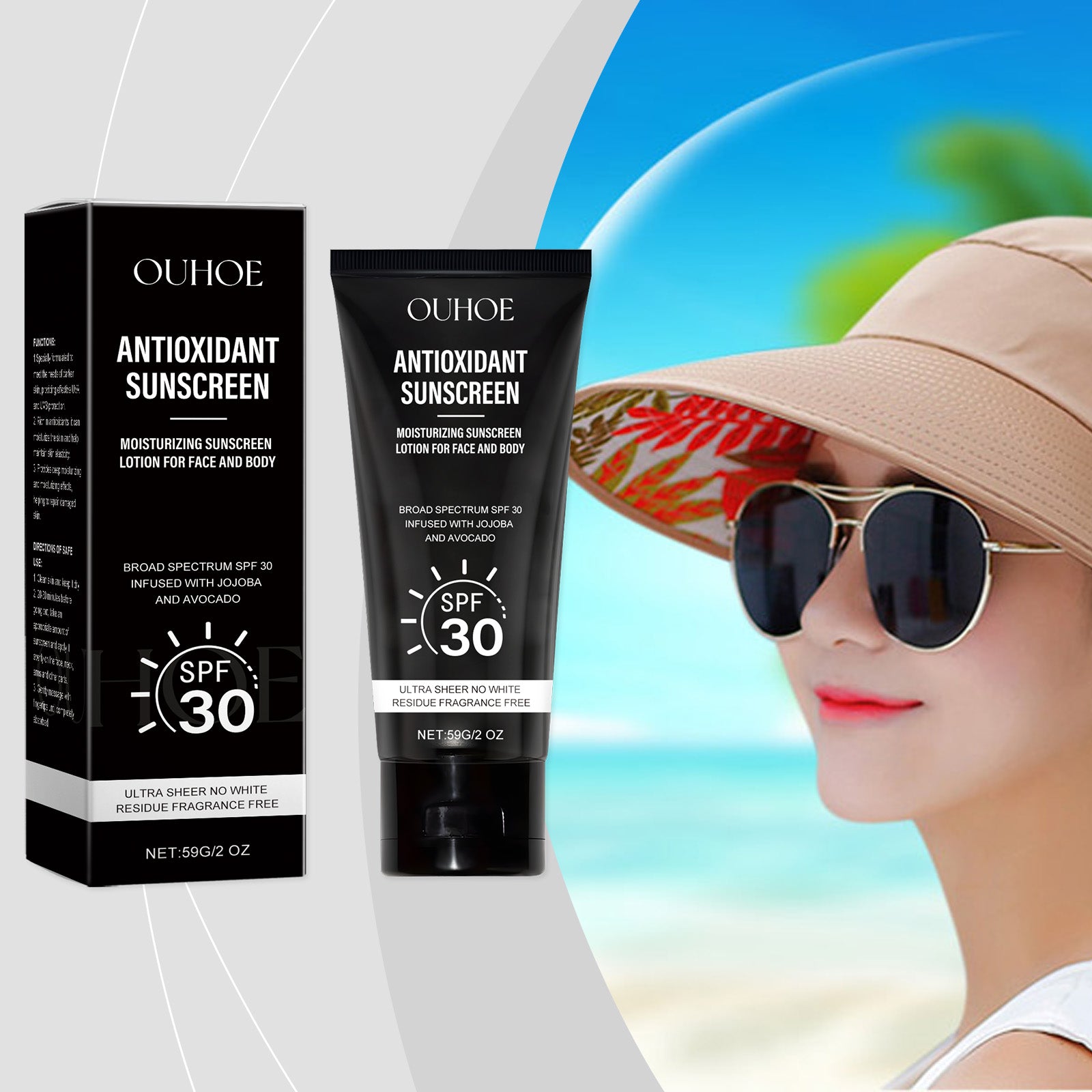 Antioxidant sunscreen SPF 30 box and lotion tube beside a woman with sunglasses