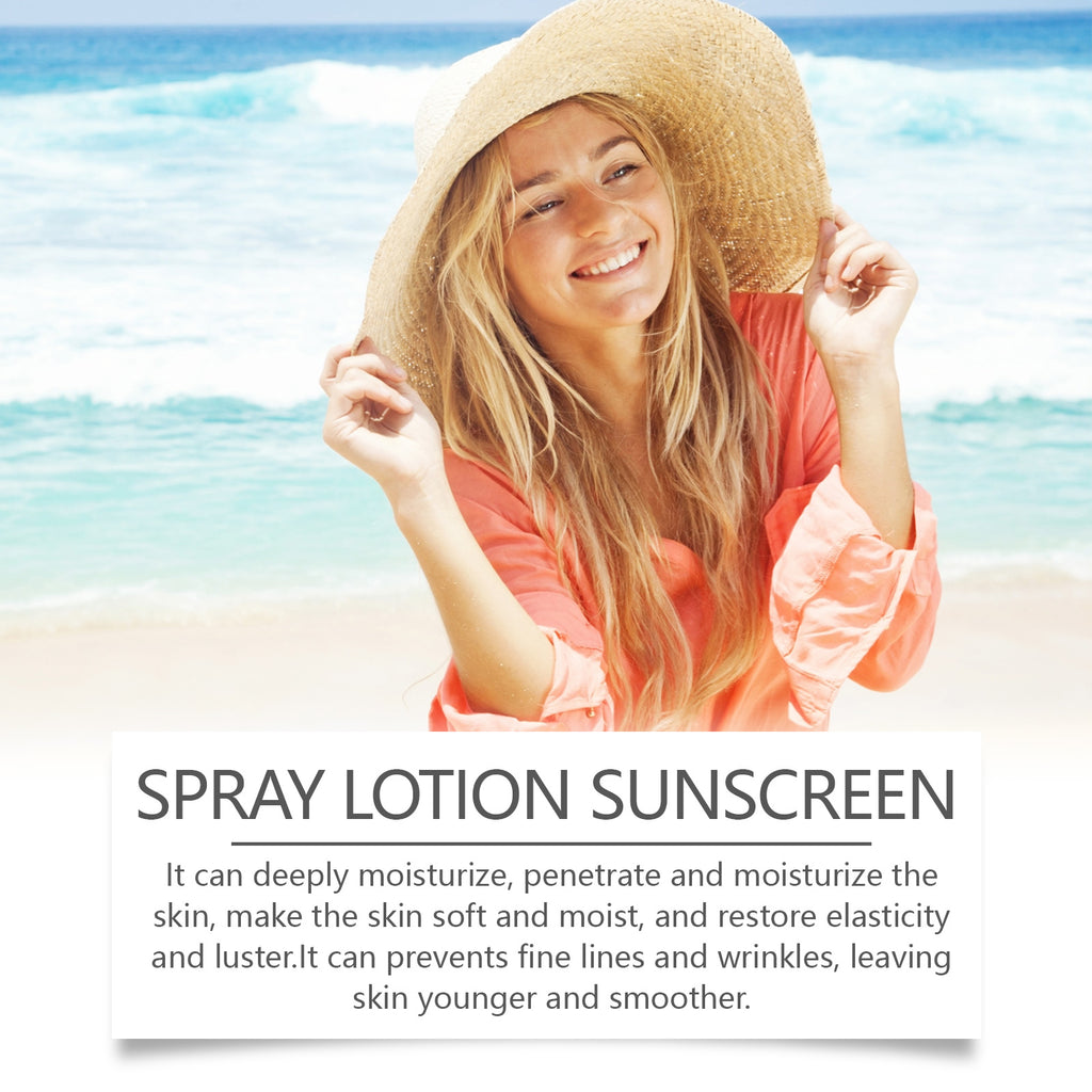SPF 60 spray lotion sunscreen bottle shown with a product text panel