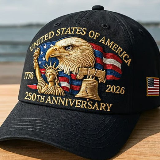 Black baseball cap with embroidered eagle and 250th Anniversary lettering, side flag patch