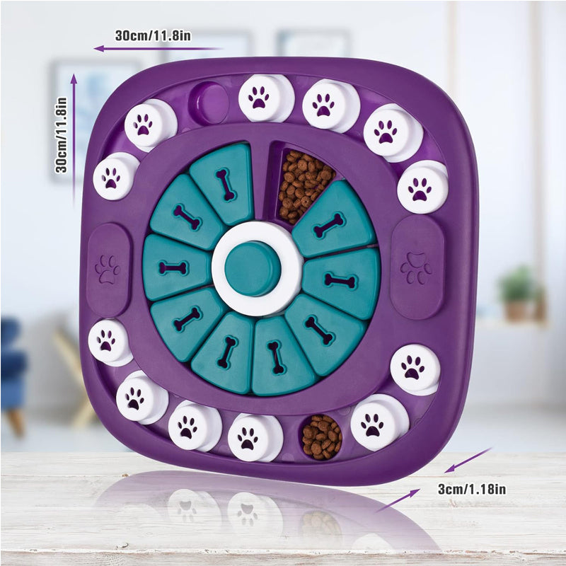Purple treat puzzle toy for dogs with teal bone compartments and paw button tiles