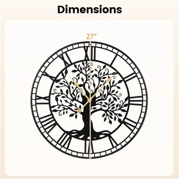 27 in Tree of Life wall clock with Roman numerals, tree silhouette, and gold hands