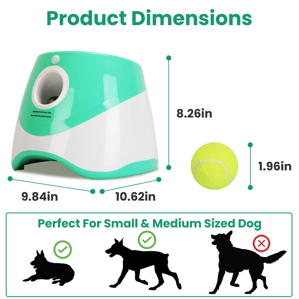Green and white automatic dog ball launcher with front chute and side grip