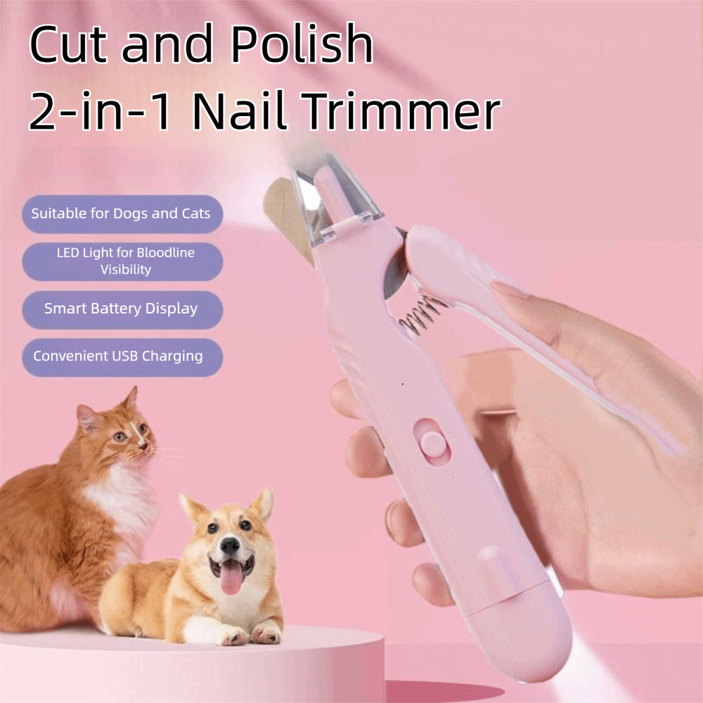 Pink 2-in-1 pet nail clipper and grinder with transparent guard and clear LED lens
