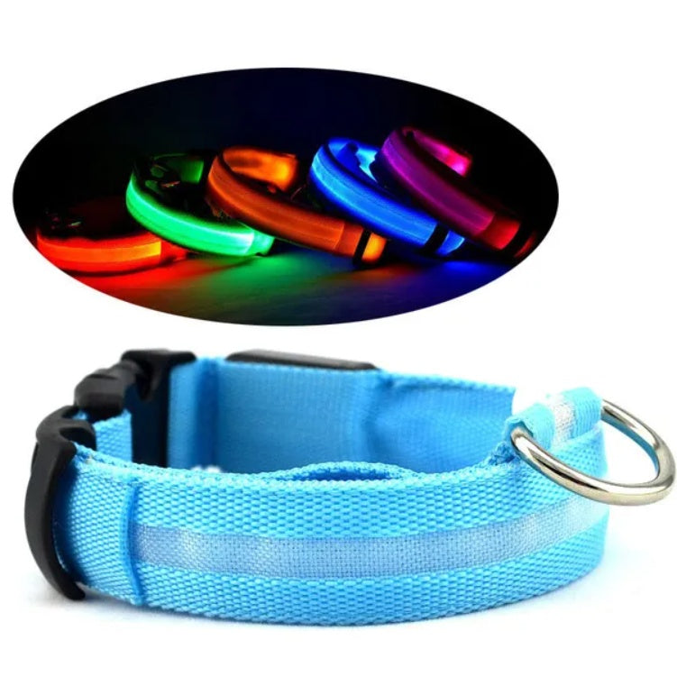 Blue fabric LED halo pet collar with bright light strip and metal D-ring