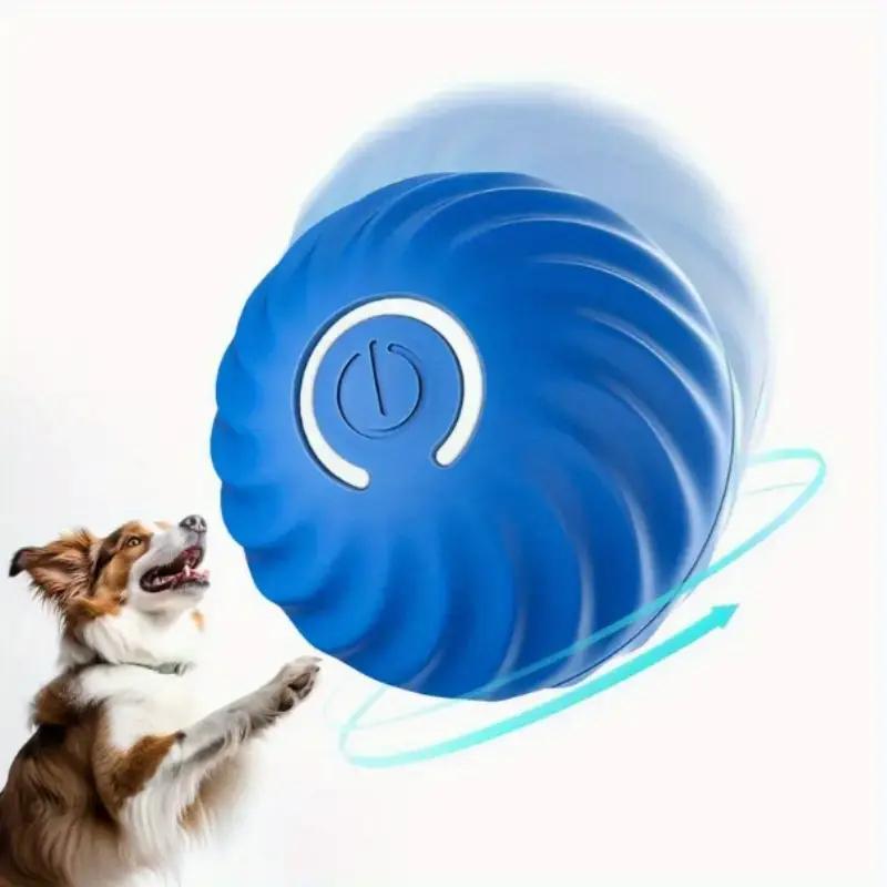 Blue pet bouncing jump ball toy with power icon on textured shell