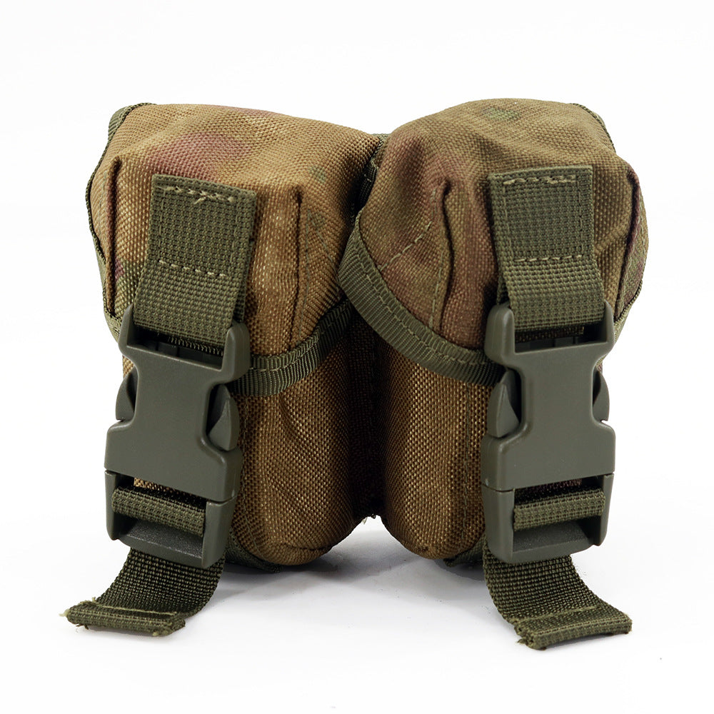 Multi-functional bag in brown camouflage fabric with two side buckles and fabric straps